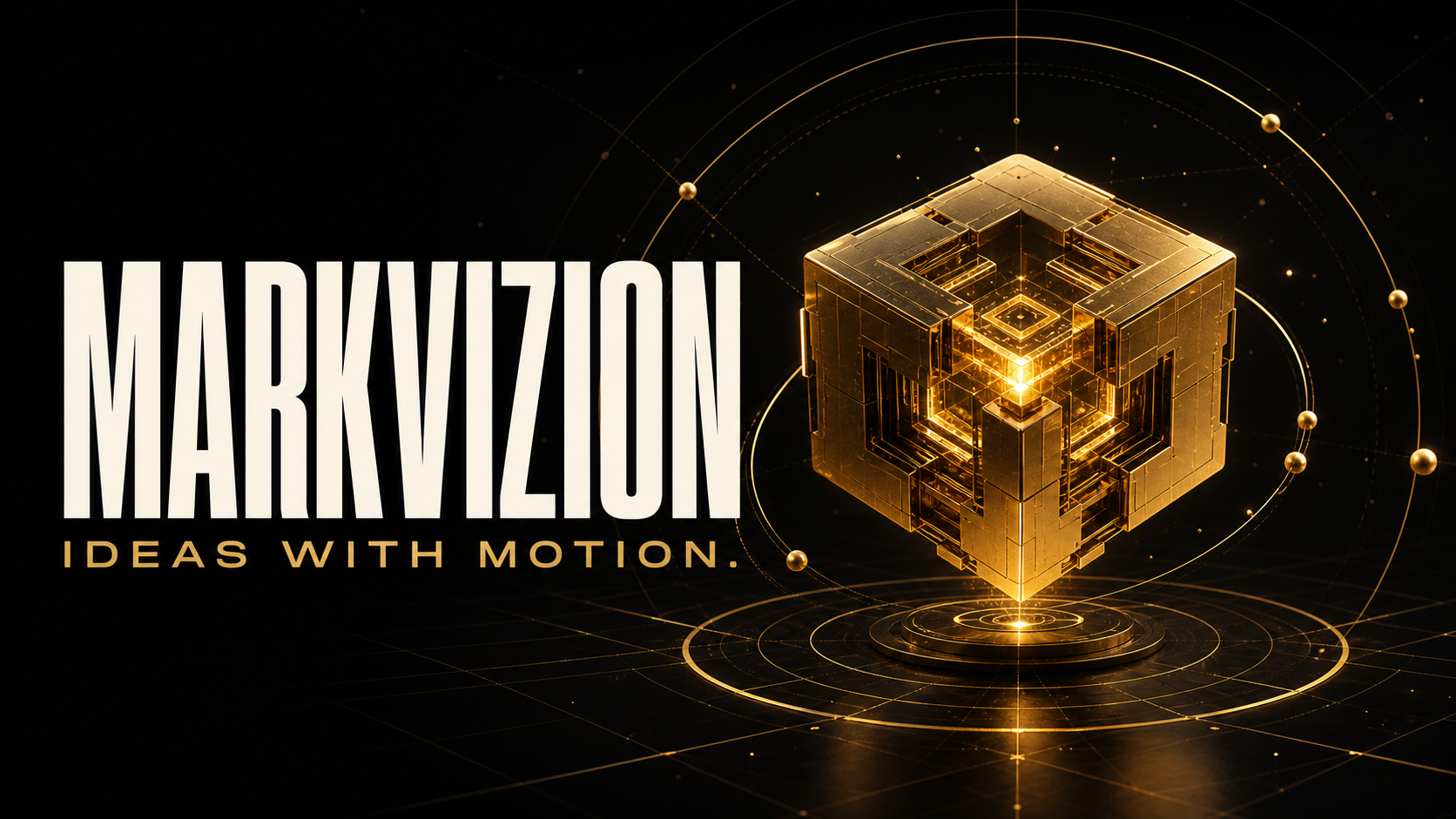 MarkVizion — Ideas With Motion, a luminous gold geometric core