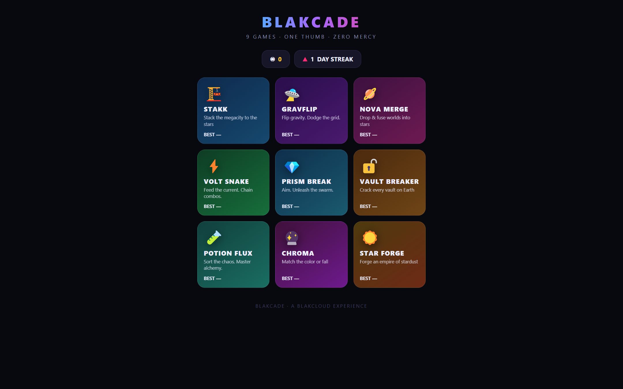 BlakCade — neon web arcade hub with 9 games