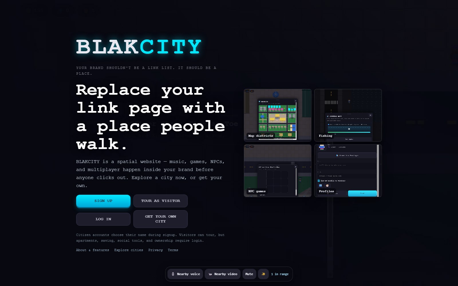 BlakCity — walkable 2D city platform