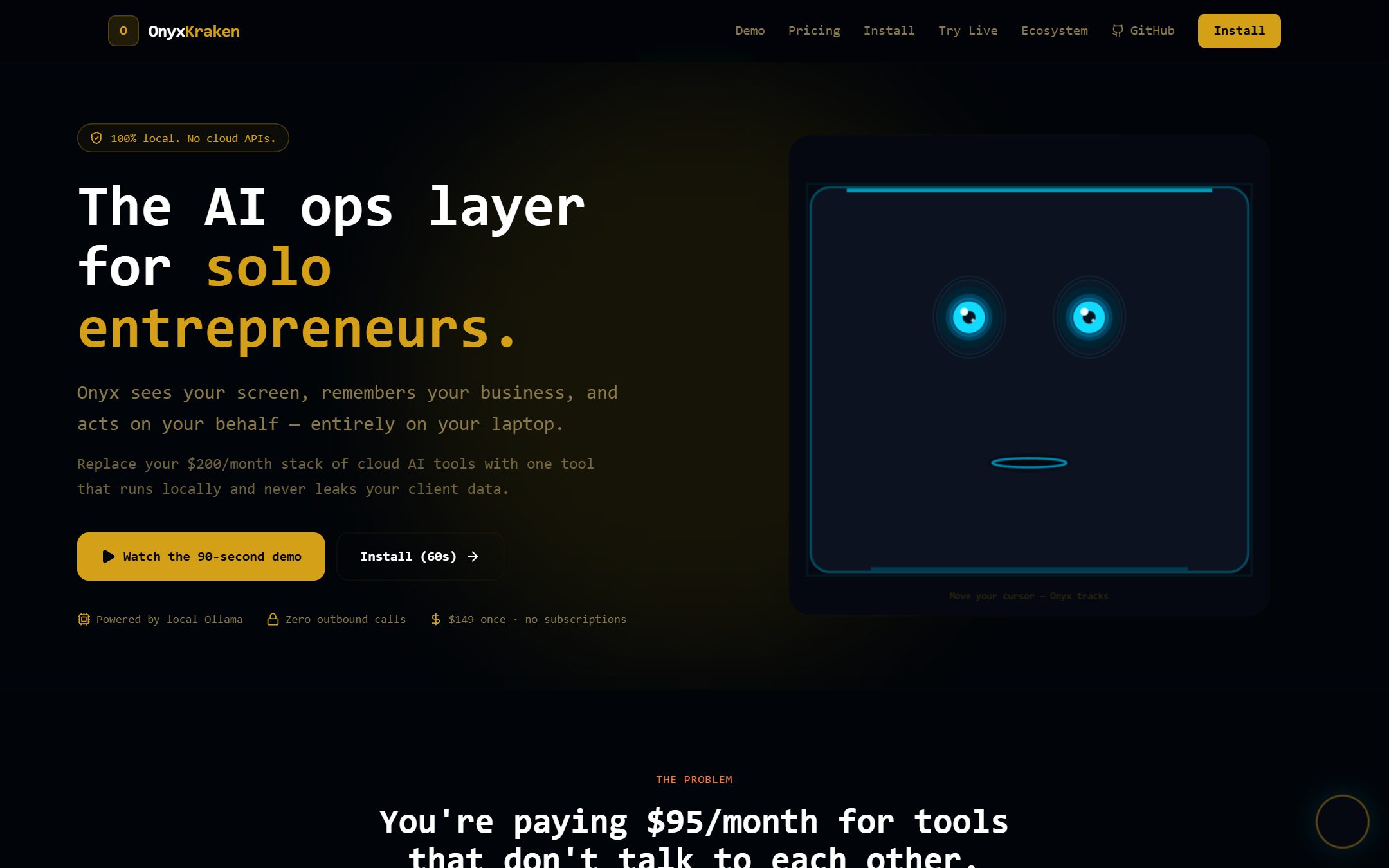 OnyxKraken — AI ops dashboard landing page
